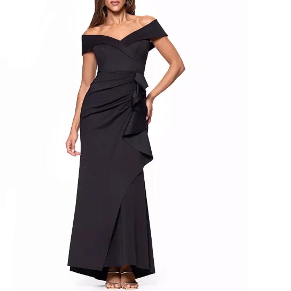 XSCAPE Scuba Crepe Off The Shoulder Gown Black Ruffle Size 6